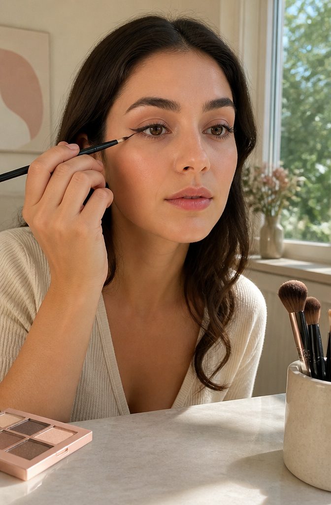 12 Hooded Eyes Makeup Styles That Keep Color Visible 5 Close-up of a model's eyes with a mini wing eyeliner applied.