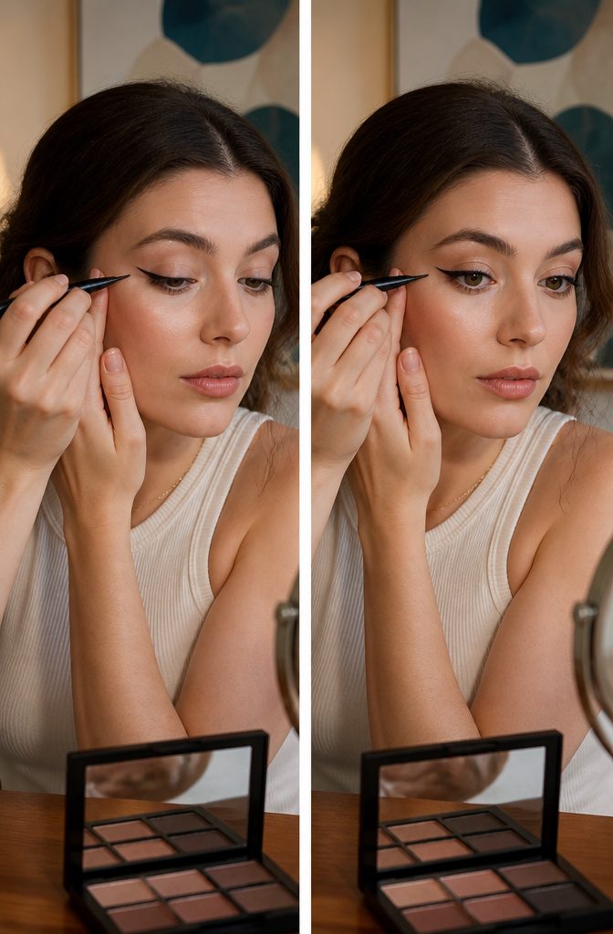 12 Hooded Eyes Makeup Styles That Keep Color Visible 17 Close-up of a model's eyes with thin eyeliner applied.