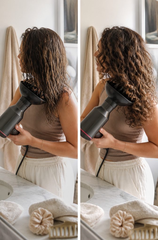 Hair drying naturally with a diffuser in a bright bathroom.