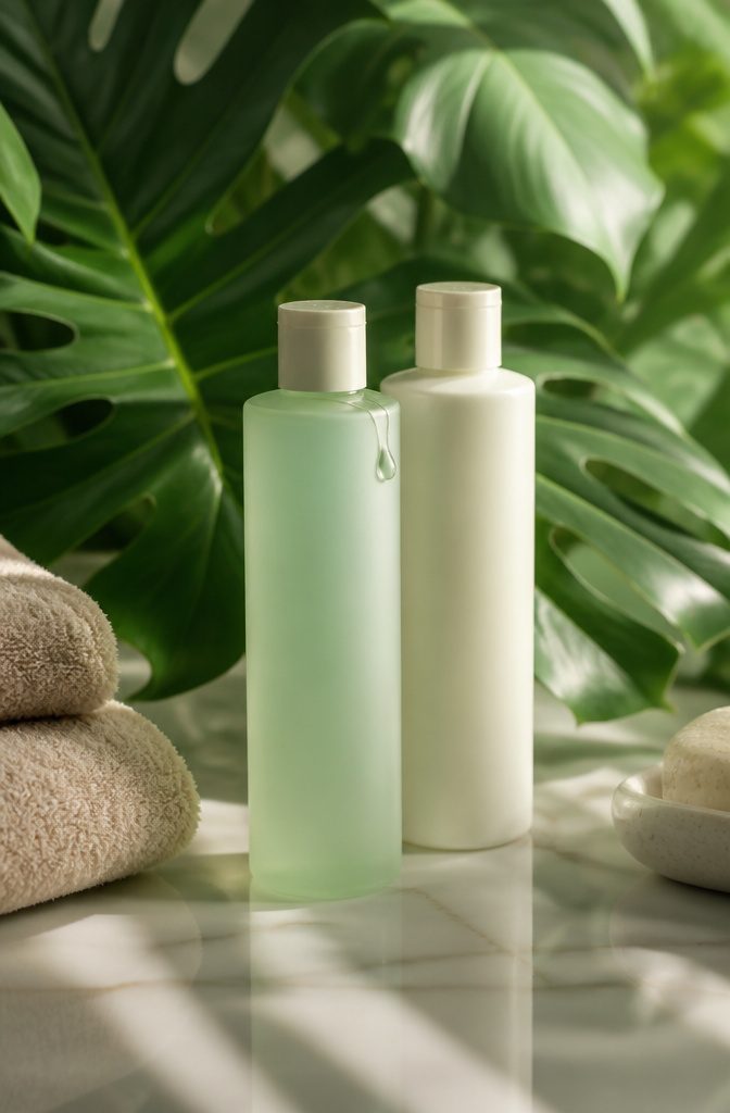 Anti-frizz shampoo and conditioner bottles on a glossy countertop.