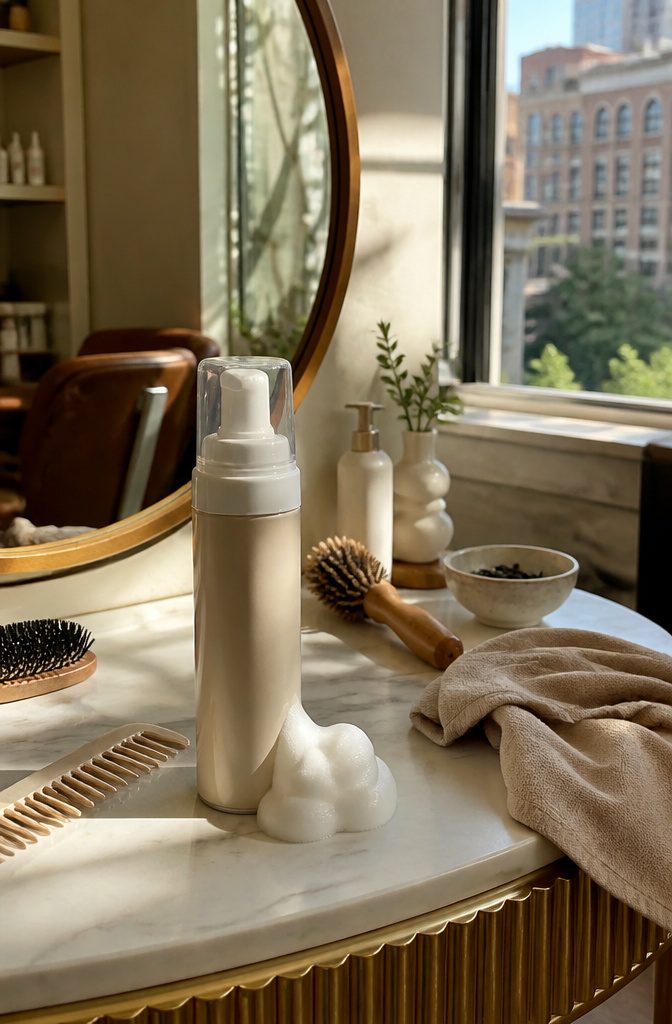 A bottle of curl-enhancing styling foam on a salon vanity.
