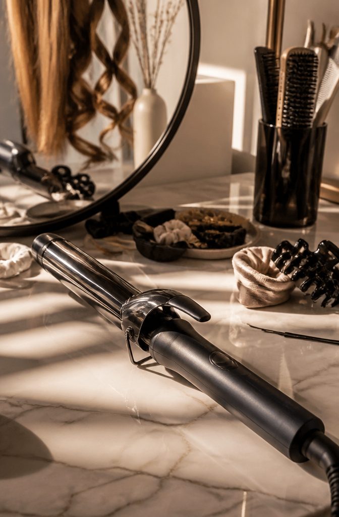A curling iron placed on a counter next to hair products.