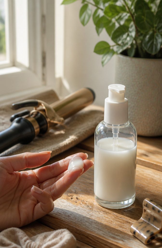 A modern glass bottle of leave-in conditioner on a rustic wooden vanity.