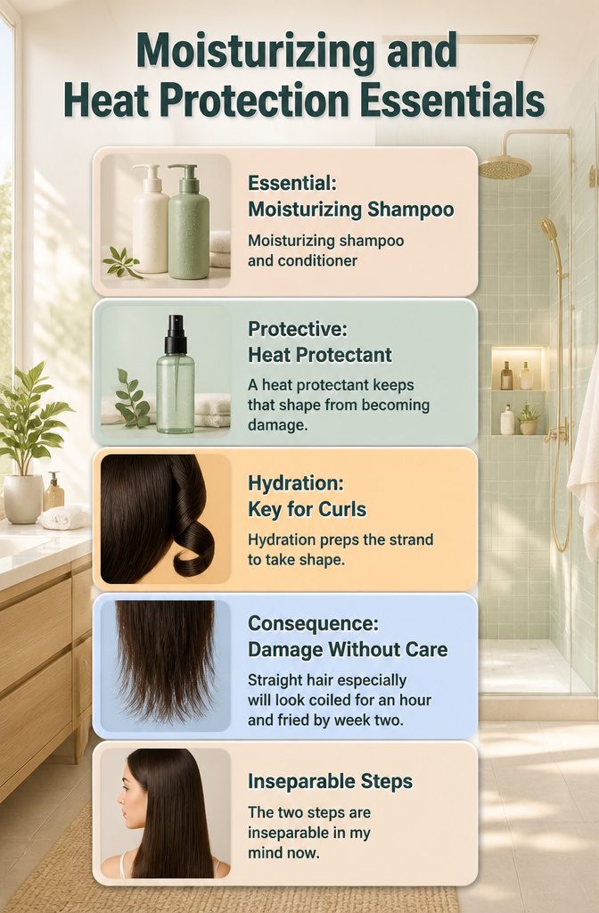 Image of moisturizing shampoo and conditioner on a bathroom shelf.
