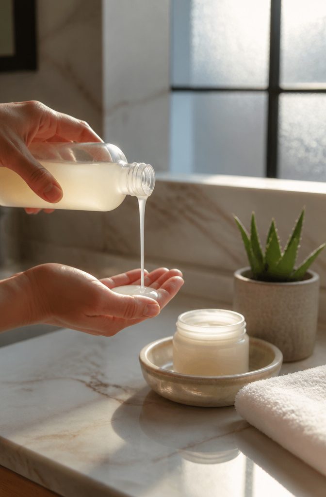 Translucent bottles of moisturizing shampoo and conditioner on a marble countertop.