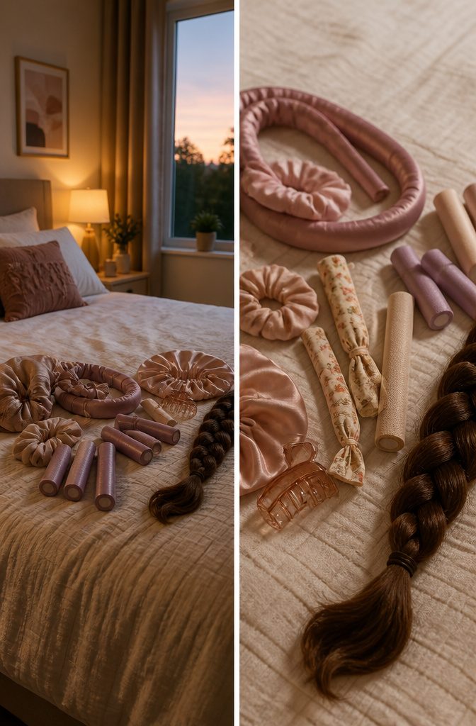 Different no-heat curling methods displayed on a flat surface.