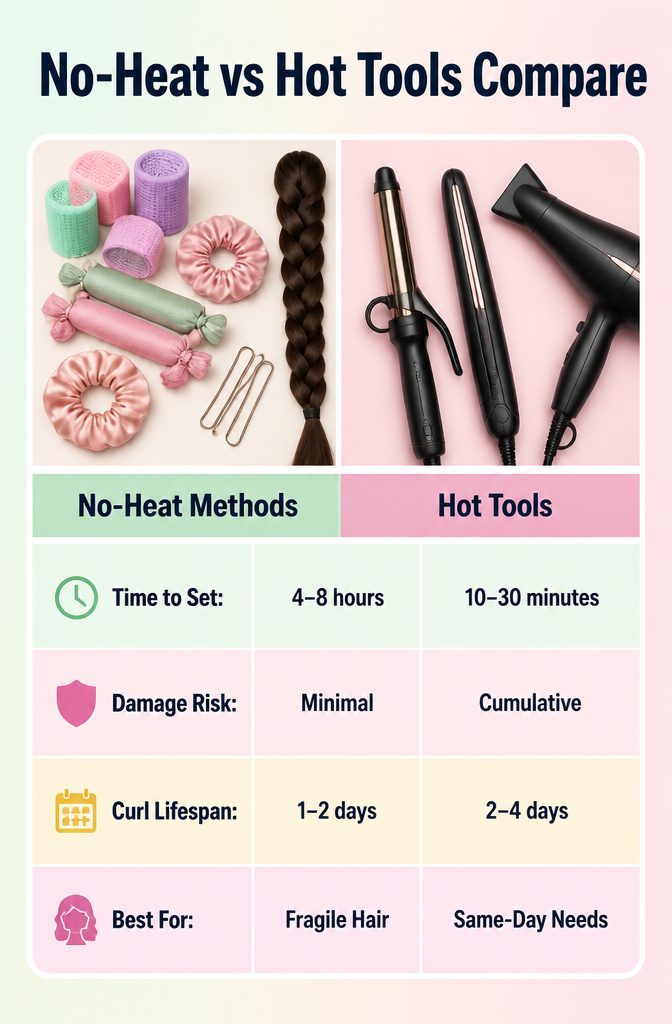 A comparison of no-heat and hot tool methods for curls.
