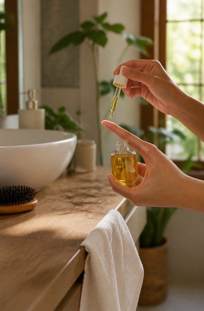 A slender bottle of nourishing hair oil held in a hand.