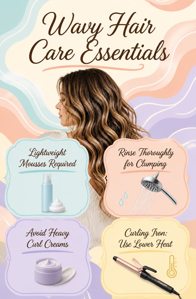 Wavy hair care essentials displayed on a countertop.