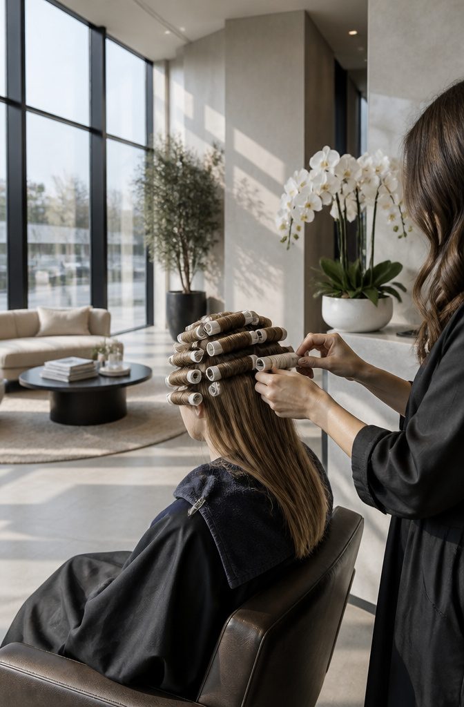 Stylist working on a body wave perm in an upscale salon.
