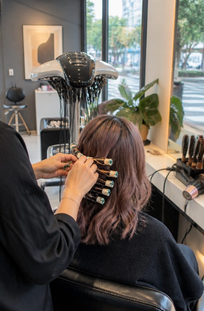 Stylist using digital perming equipment on a client's hair.
