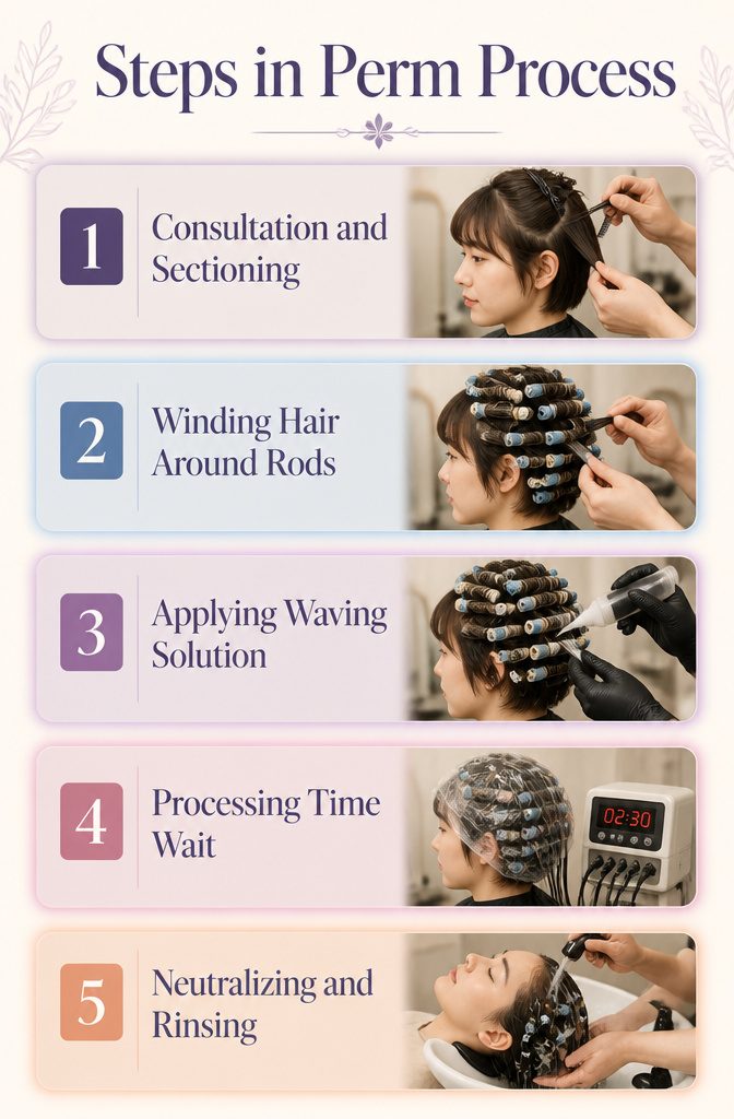 Visual steps demonstrating the perm process.