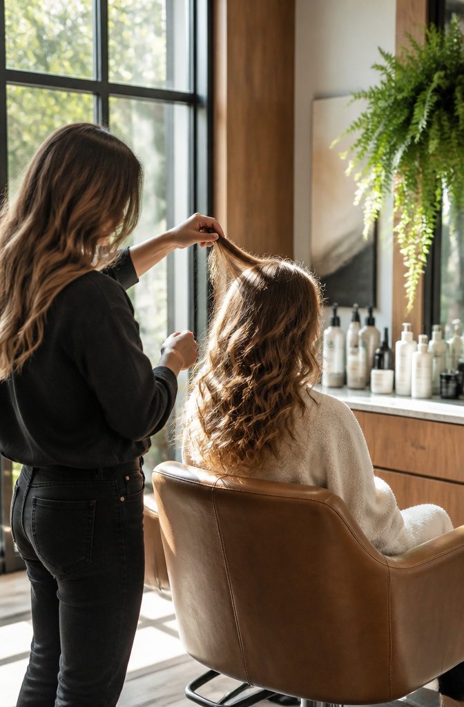 Stylist working on long hair in a spacious salon.