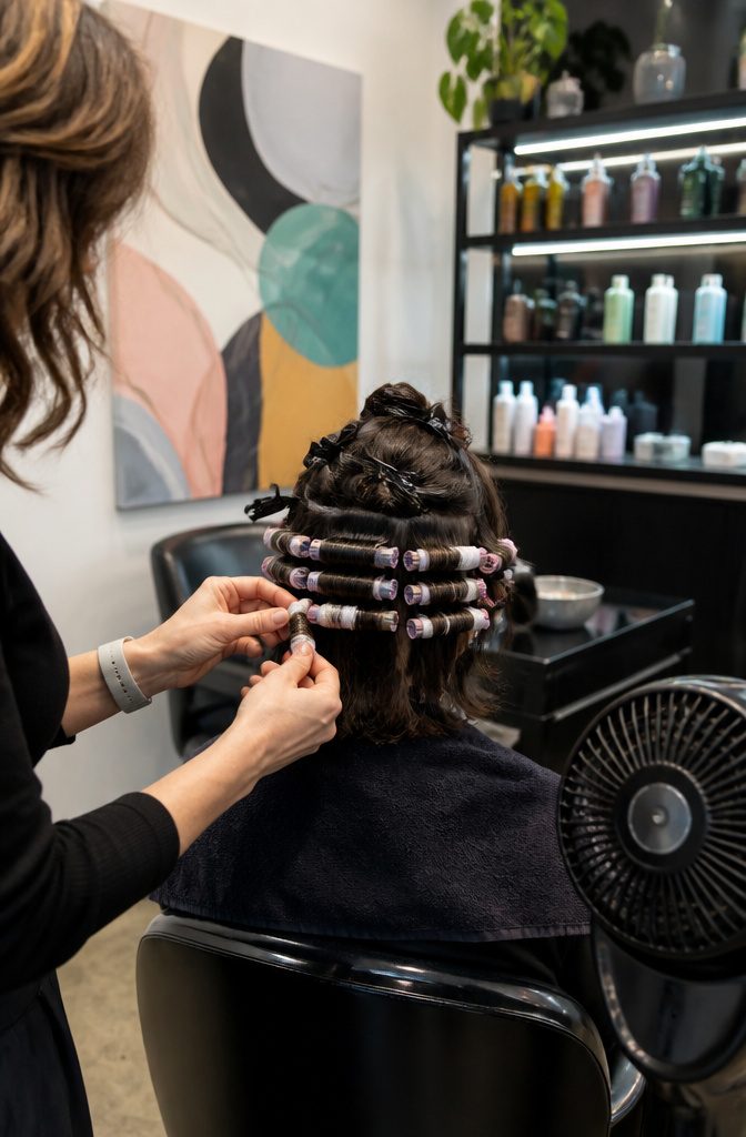 Stylist preparing a medium-length perm on a client's hair.