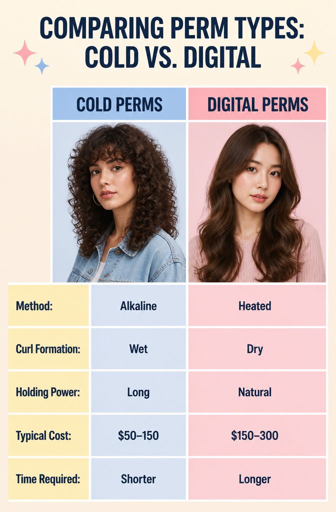 Infographic comparing cold perms to digital perms.