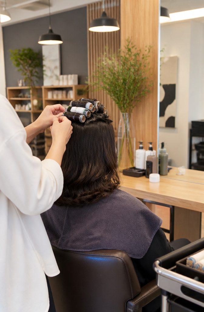 Stylist applying a root perm to a client's shoulder-length hair.