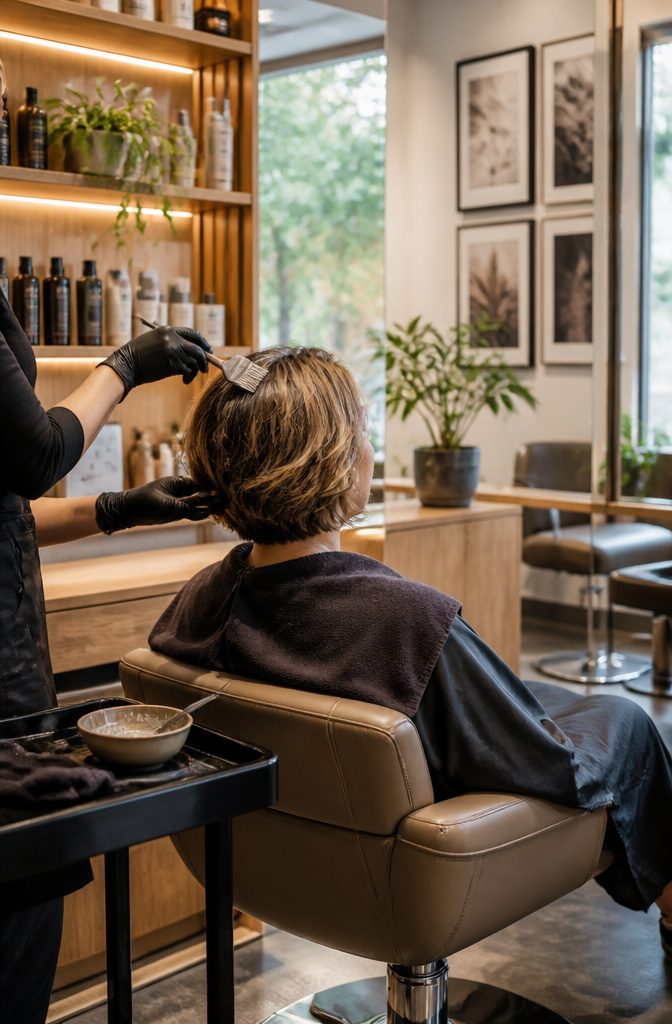 Stylist working on a client's short, textured bob in a salon.