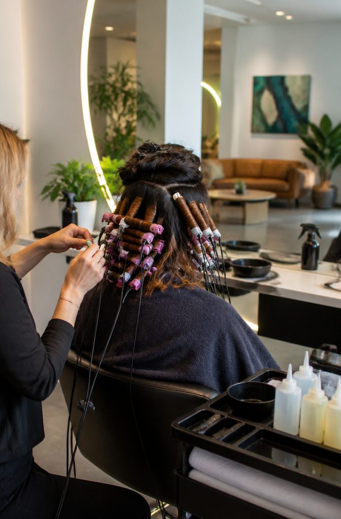 Stylist applying a specialty perm technique in a stylish salon.