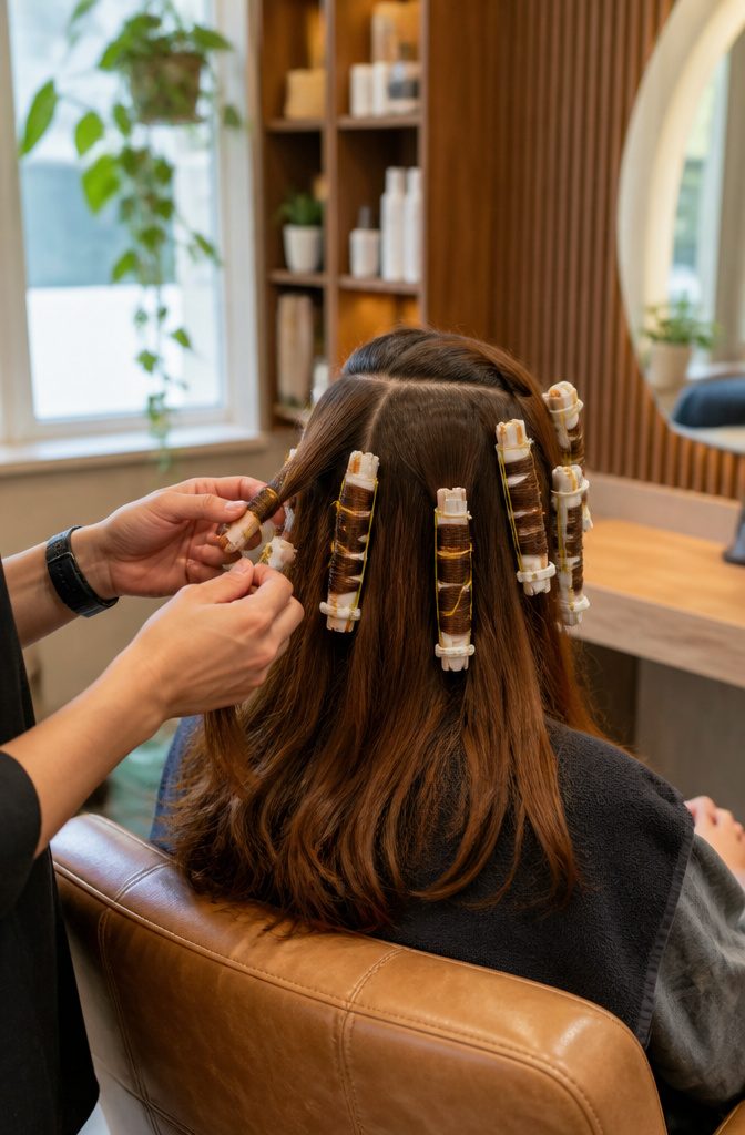 Stylist creating a spiral perm on a client's long chestnut hair.