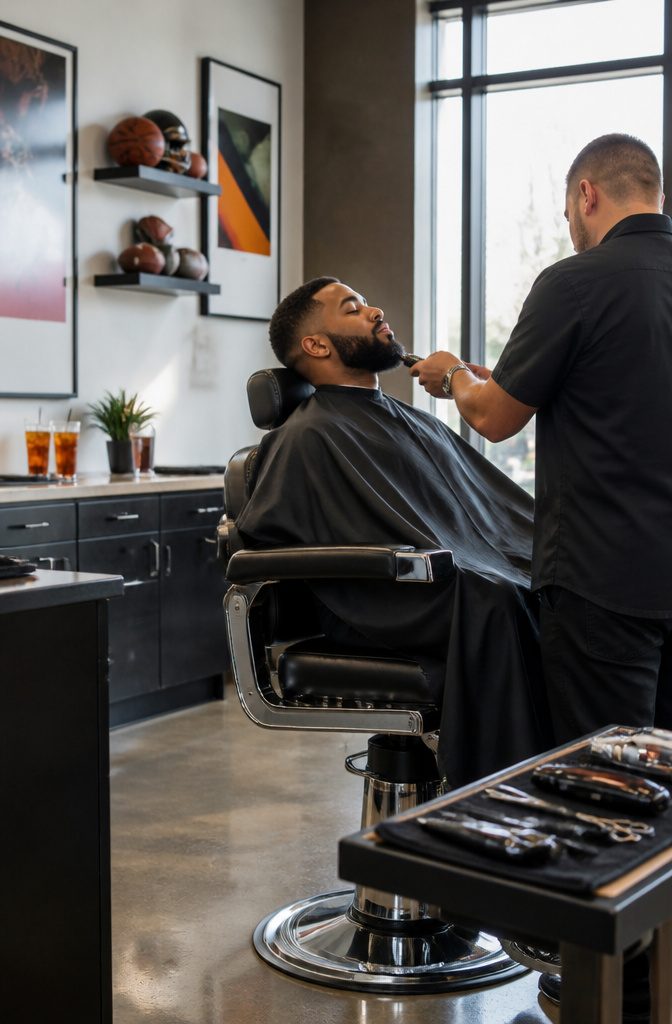 Barber chair with a man receiving a beard trim.