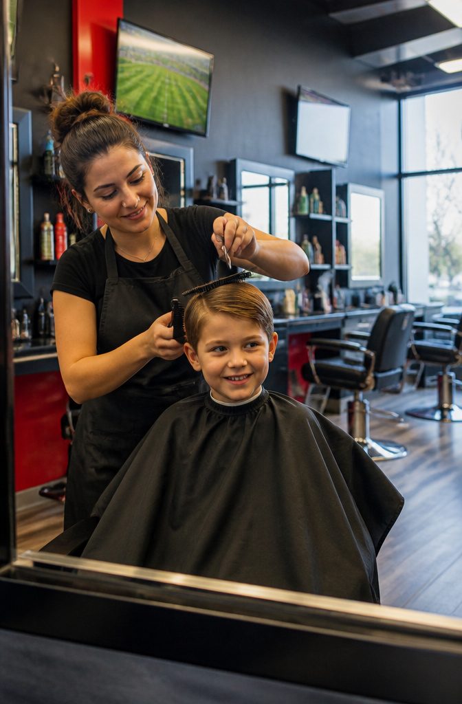 A stylist assists a young boy in a barber chair at Sport Clips.