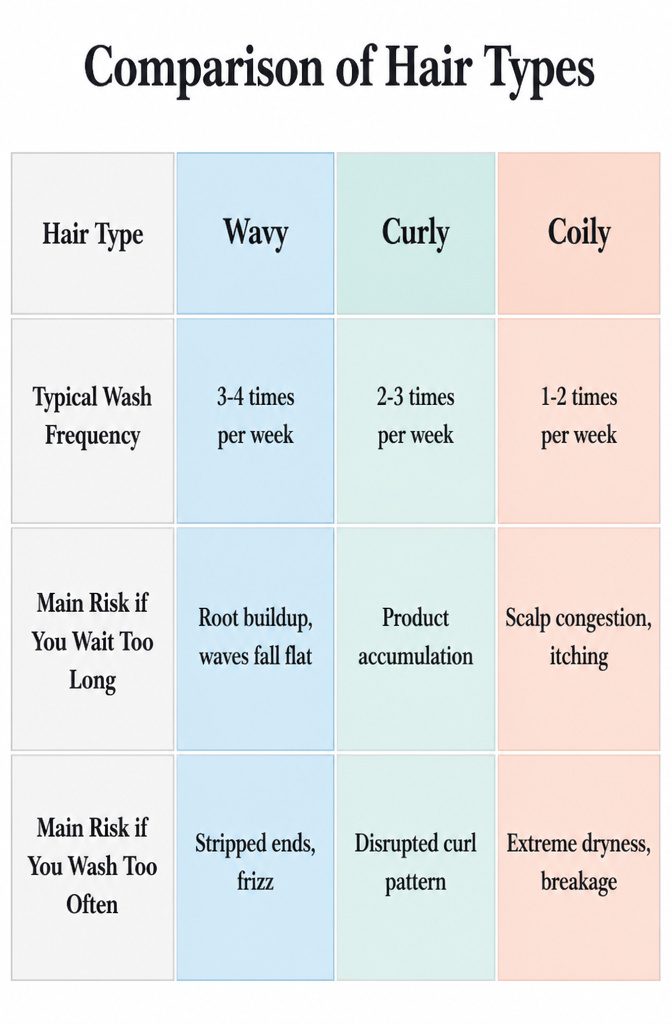A comparison chart of different hair types and their washing frequencies.