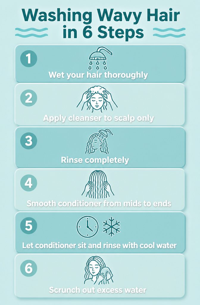 An infographic outlining six steps for washing wavy hair.