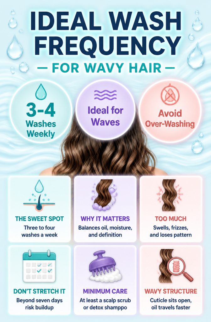 An infographic showing ideal wash frequency for wavy hair.