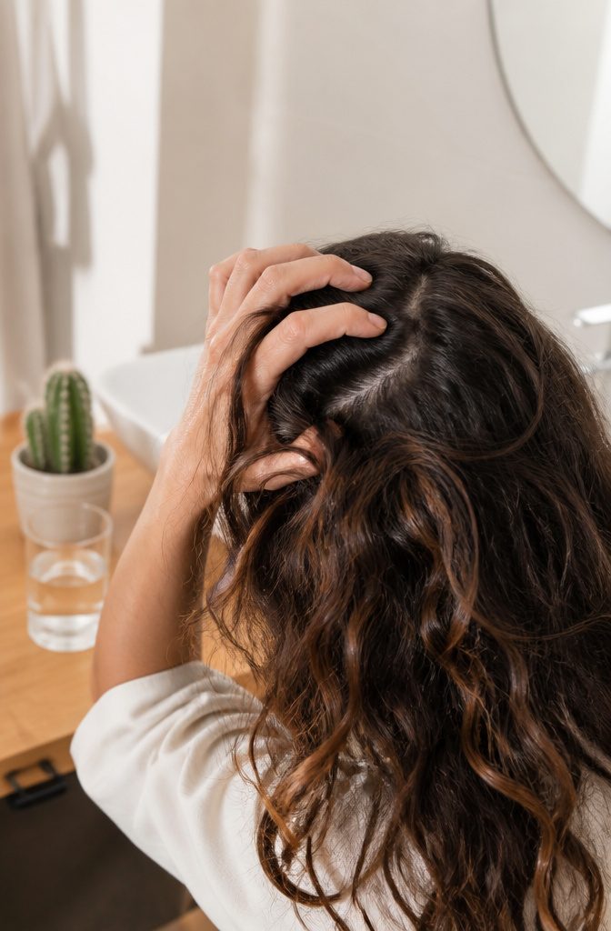 A close-up of a woman inspecting her scalp and wavy hair.