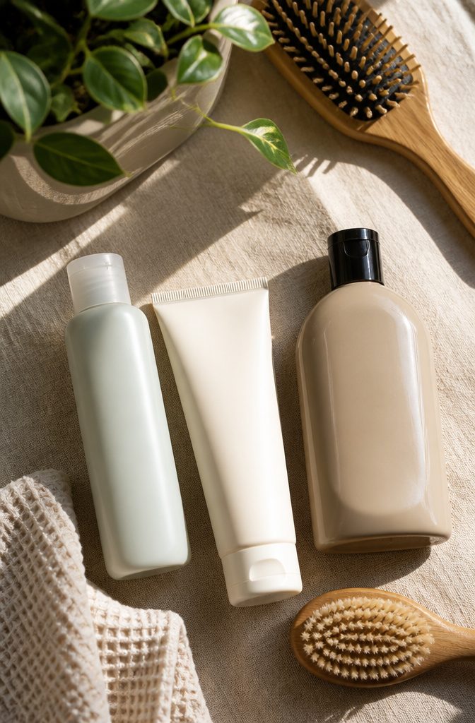 A flat lay of low-poo shampoo, co-wash, and clarifying shampoo.