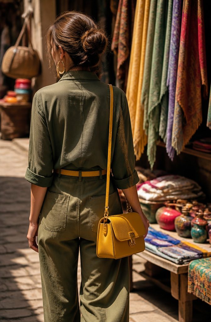 Model in olive outfit with yellow handbag and belt in a market.