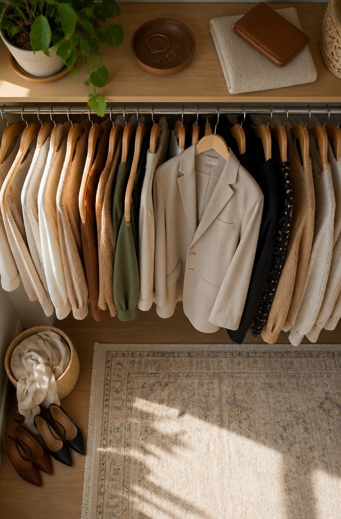 Closet filled with coordinated clothing in a defined color palette.