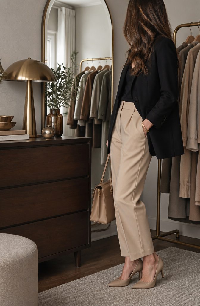 Model in a dressing area wears beige trousers and a black blazer.