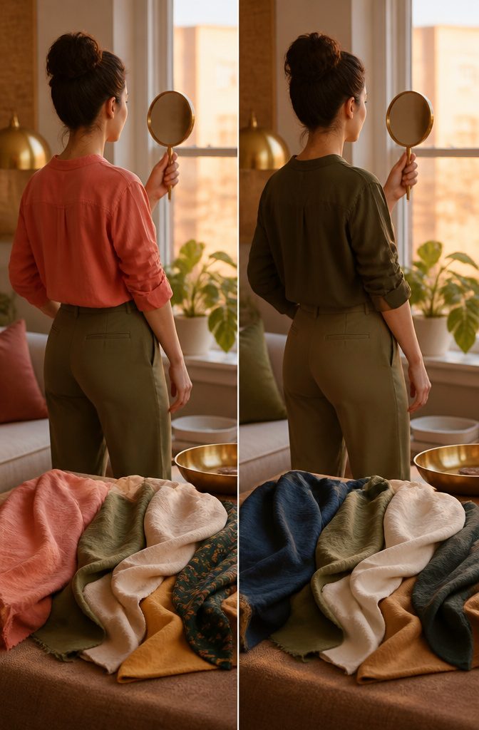 Woman stands in front of a mirror assessing her outfit's colors.