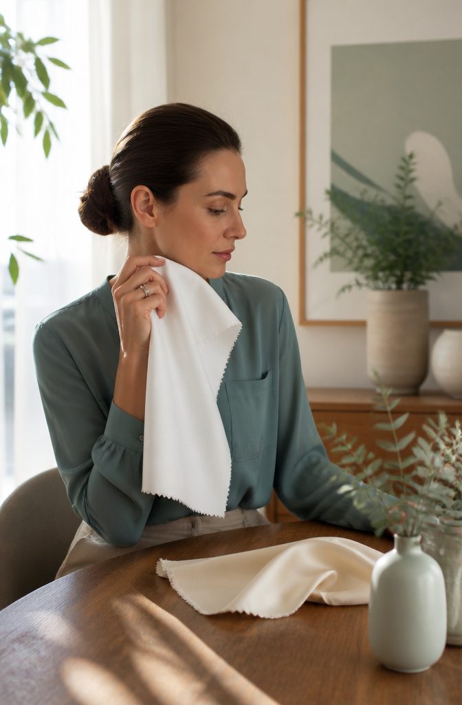 Model holds a piece of white fabric in front of her chin.