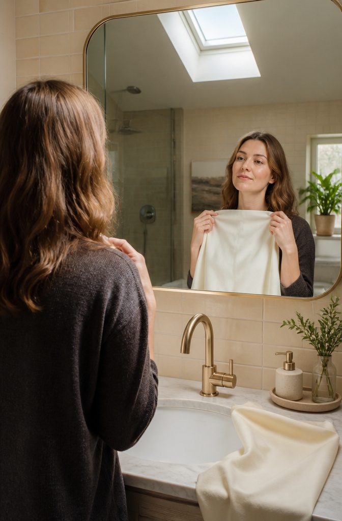 Woman holds white fabric under her chin in a bathroom.