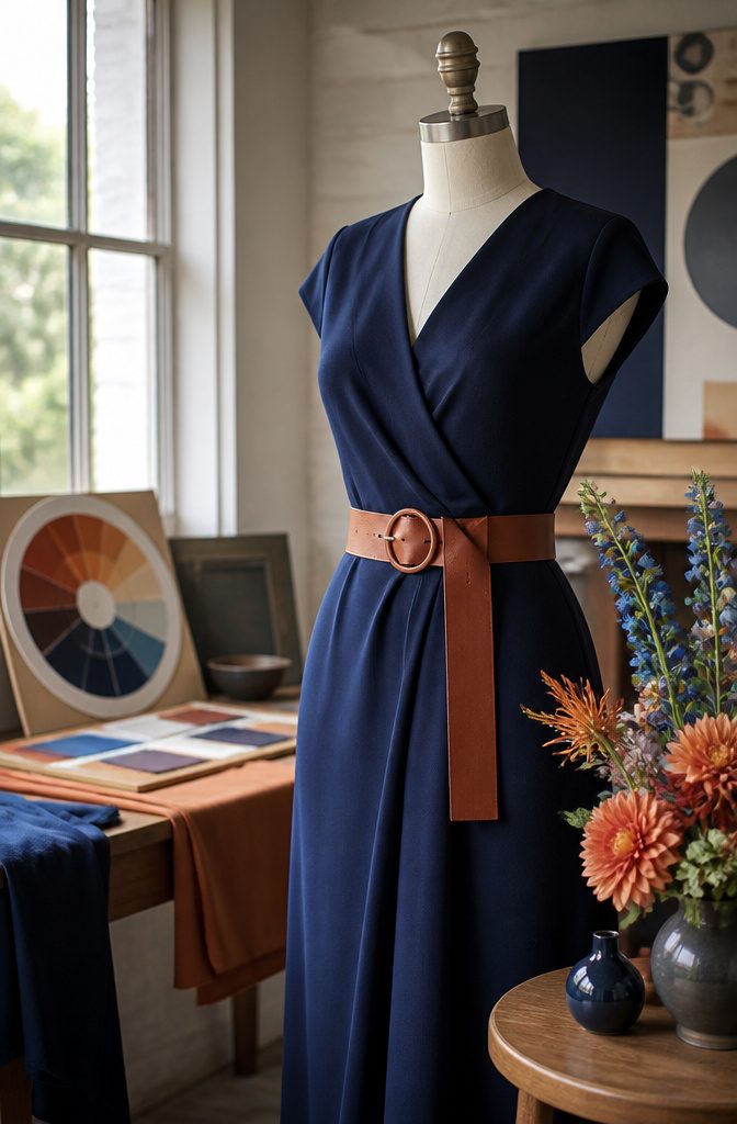 Mannequin dressed in navy and rust outfit with a belt.