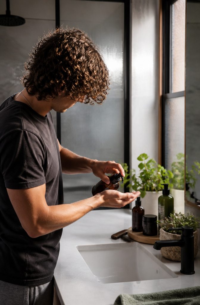 How to Get Curly Hair Men: 10 Steps for Defined Curls in 2026 3 Young man pumping shampoo into his palm in a stylish bathroom.