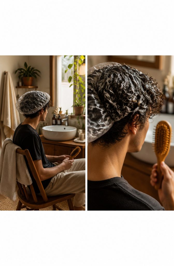 How to Get Curly Hair Men: 10 Steps for Defined Curls in 2026 6 Young man preparing to deep condition his curls in a cozy bathroom.