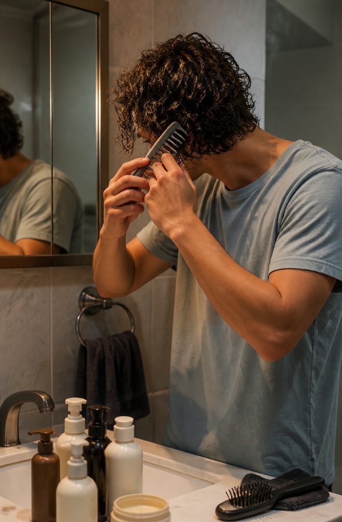 How to Get Curly Hair Men: 10 Steps for Defined Curls in 2026 7 Young man detangling curls in front of a mirror in a bathroom.