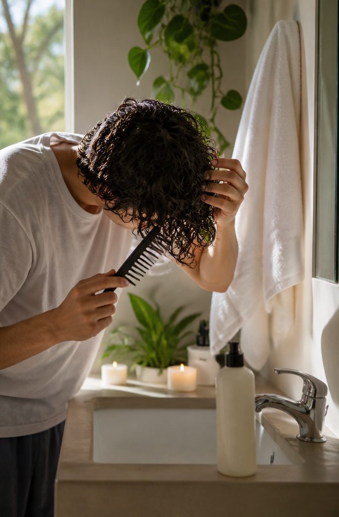 How to Get Curly Hair Men: 10 Steps for Defined Curls in 2026 5 Young man using a wide-toothed comb on wet curls in a serene bathroom.