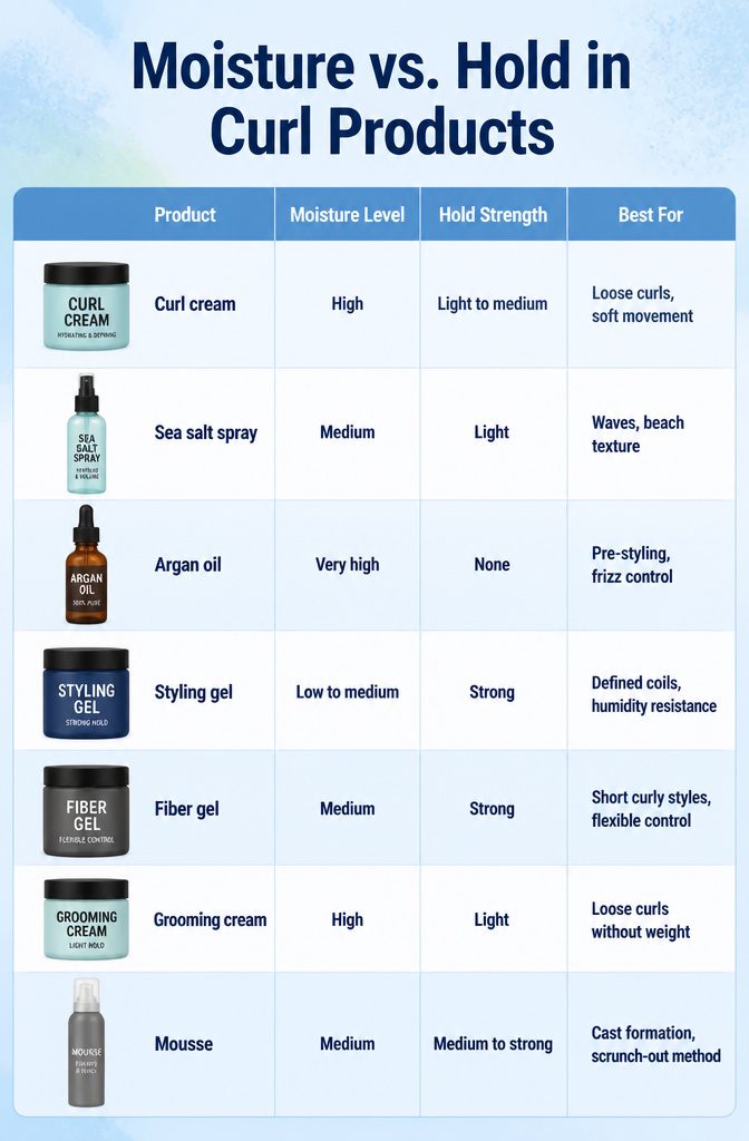 How to Get Curly Hair Men: 10 Steps for Defined Curls in 2026 14 Table showing moisture levels and hold strength in curl products.