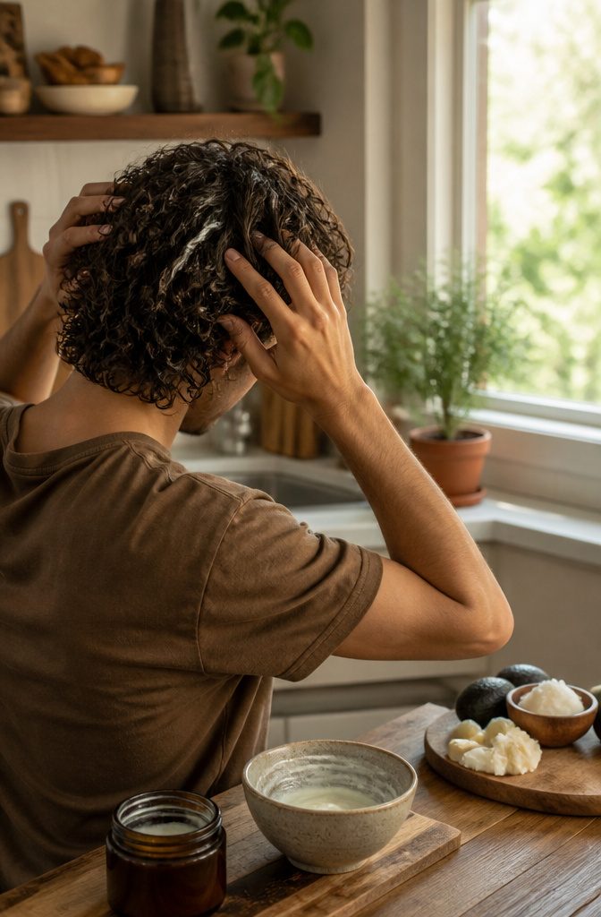 How to Get Curly Hair Men: 10 Steps for Defined Curls in 2026 4 Young man working conditioner into his hair with a mixing bowl nearby.