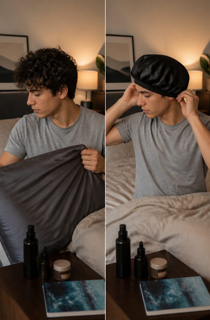 How to Get Curly Hair Men: 10 Steps for Defined Curls in 2026 9 Young man wearing a satin cap while sleeping on a cotton pillow.