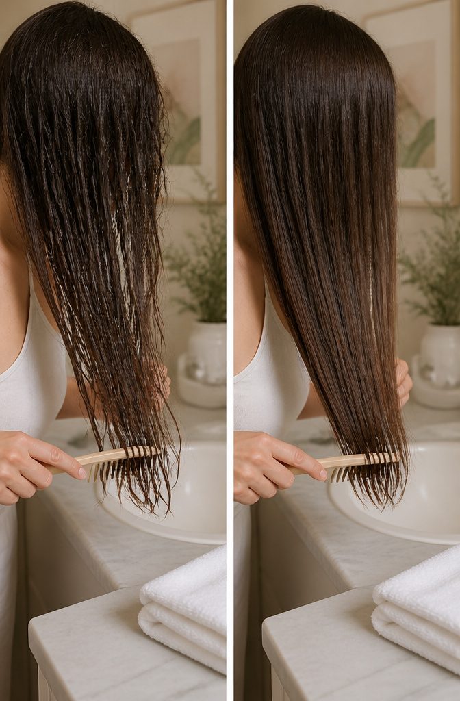 A wide-tooth comb placed next to a towel on a bathroom counter.