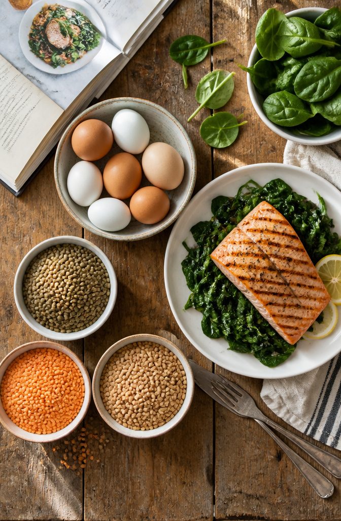 Eggs, fish, and lentils on a kitchen table.