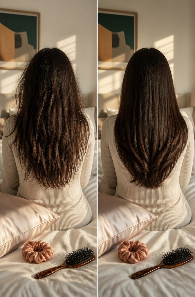 Loose hair styling methods displayed with various hair ties.