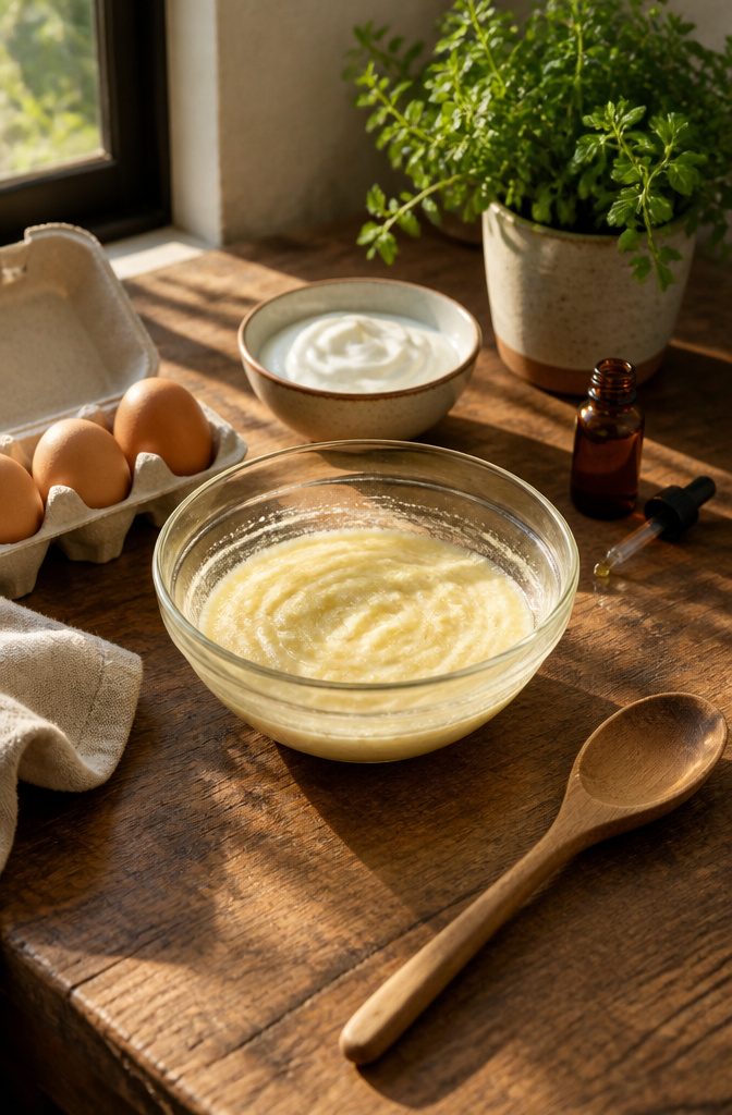 Eggs, yogurt, and essential oil on a rustic kitchen table.