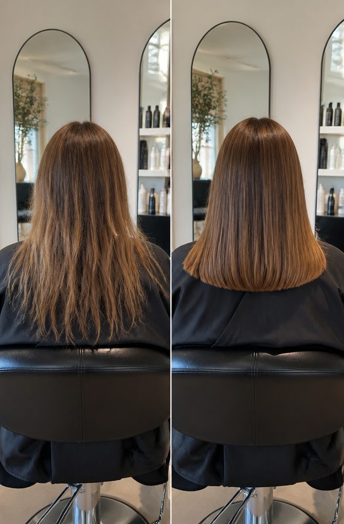 A stylist cutting hair to create blunt ends in a salon.