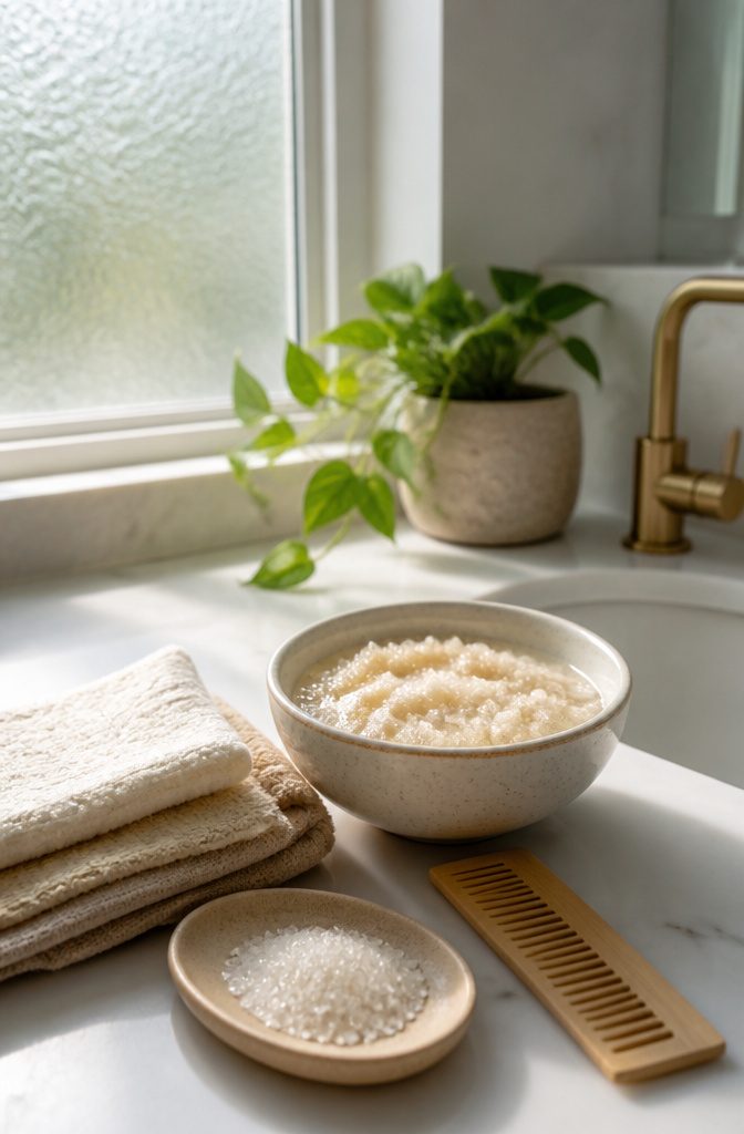 A bowl of scalp scrub on a bathroom sink with washcloths.